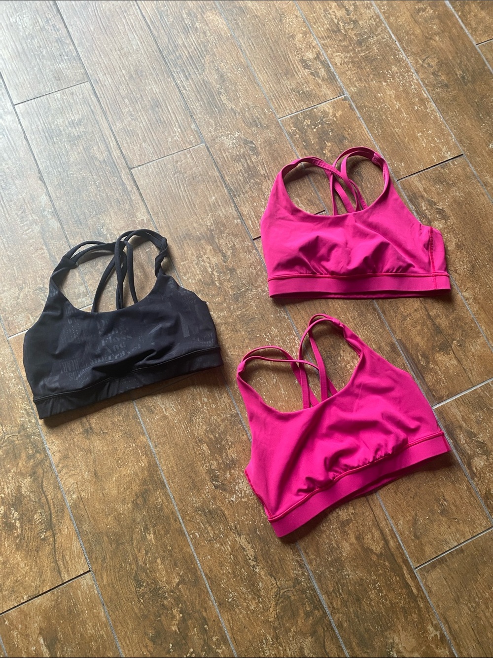 Women's Strappy Sports Bra - 2 Pink, 1 Black. Lulu. All size 6. Great condition.